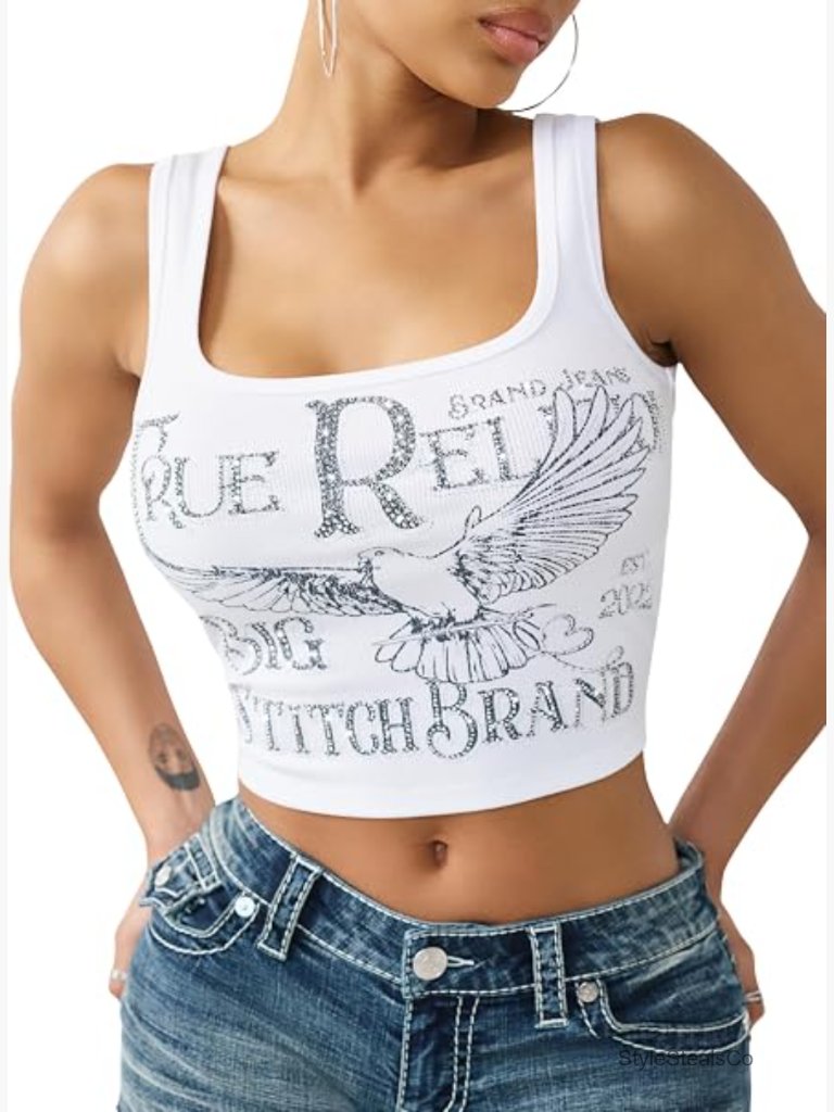 Printed Rib Tank Top - Stretchy Cotton Blend - Racerback